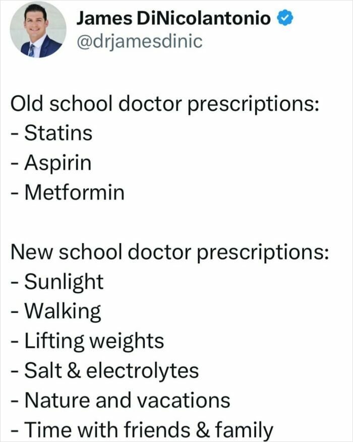 Doctor shares health tips comparing old and new prescriptions like sunlight, walking, and social time.