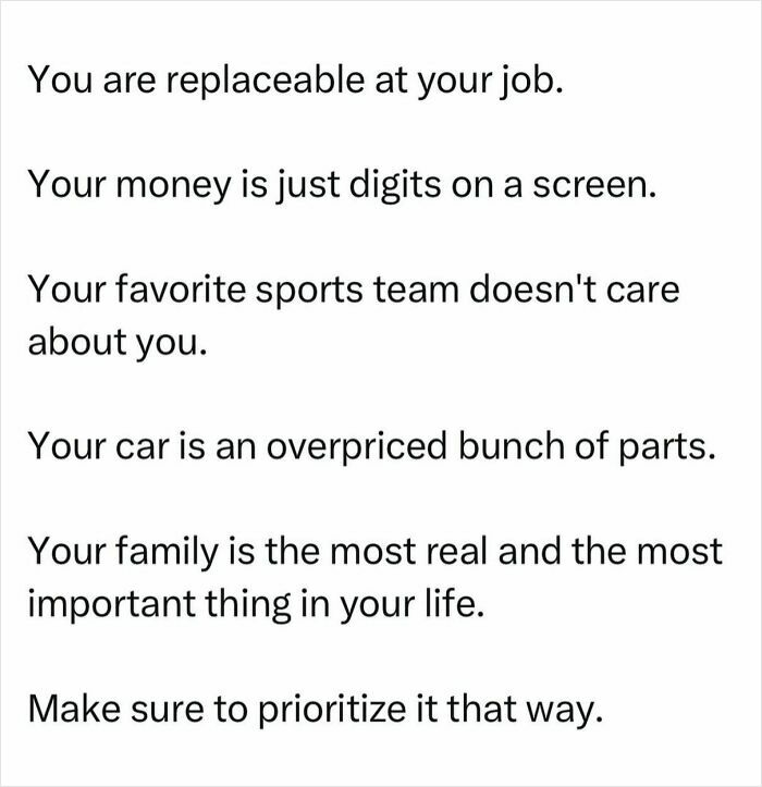 Text on life priorities: job replaceability, money, sports team, car value, family importance.