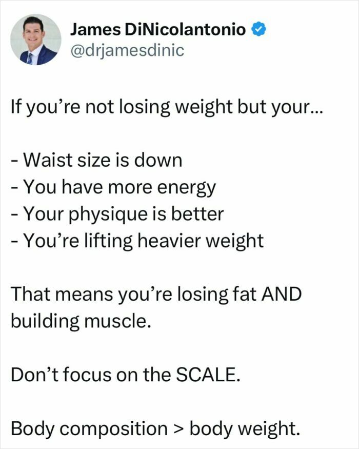 Health tips by a doctor on prioritizing body composition over weight, focusing on waist size, energy, and muscle gain.