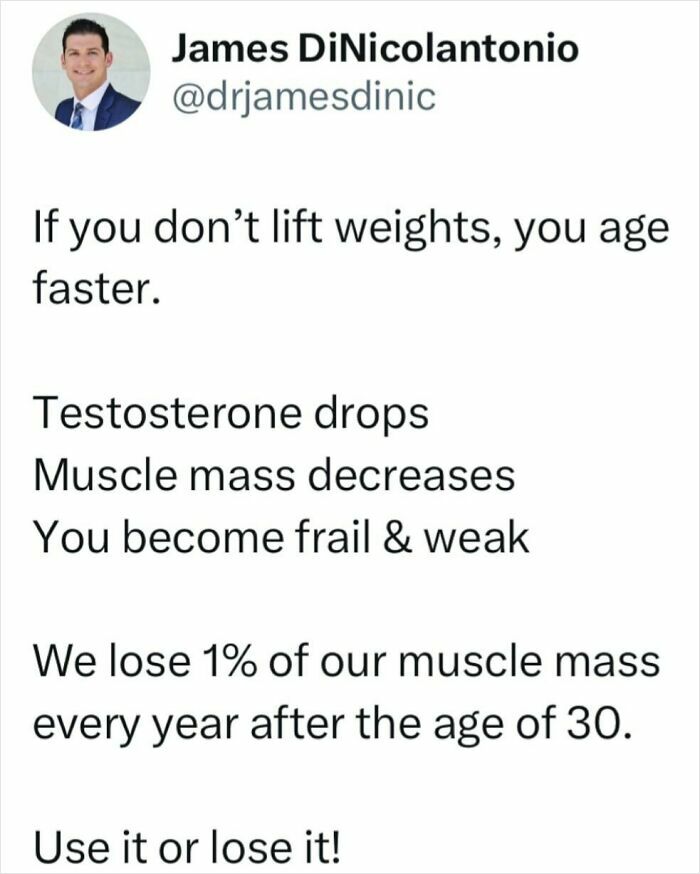 Doctor advises on health: lifting weights prevents aging, maintains testosterone, and prevents muscle loss.