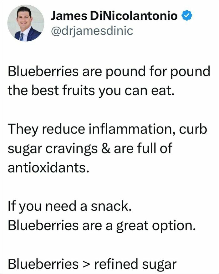 Doctor's tweet shares health tips: Blueberries reduce inflammation and sugar cravings, packed with antioxidants.