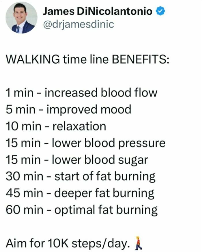 Health tips: Benefits of walking include improved mood, relaxation, and fat burning. Aim for 10K steps daily.