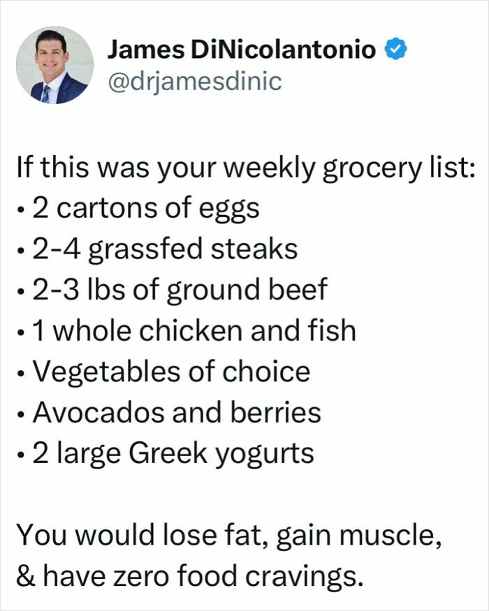Diet list by doctor includes eggs, steaks, beef, chicken, fish, veggies, avocados, berries, and yogurt for health benefits.