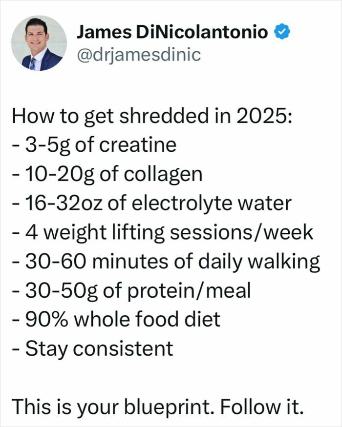 Doctor shares health tips for getting shredded: creatine, collagen, electrolyte water, weightlifting, walking, diet, consistency.