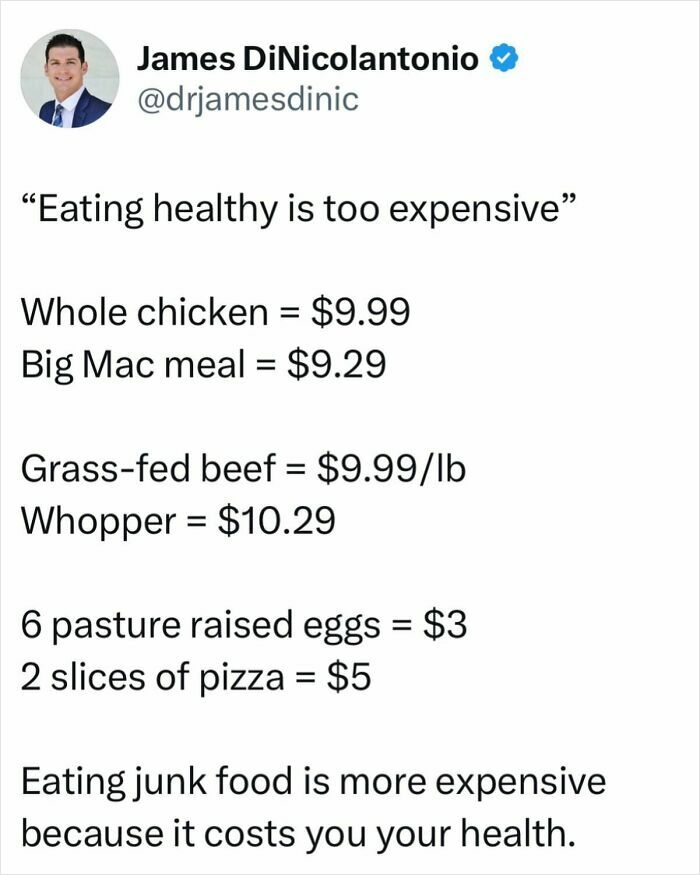 Doctor shares cost comparison of healthy vs. junk food, highlighting health value in choosing whole foods over fast food.