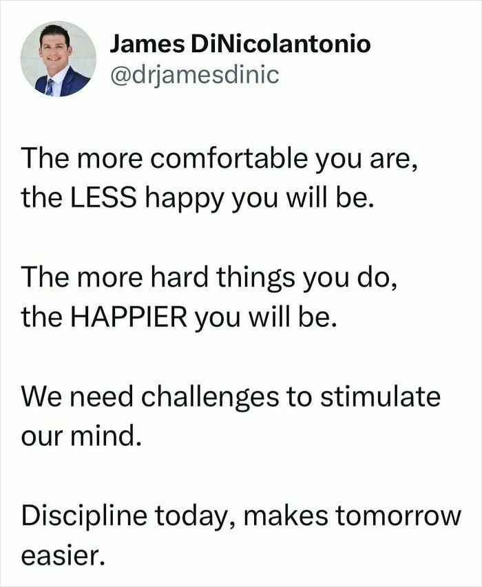 Doctor shares health tips about comfort, happiness, and discipline through motivational quotes on a social media post.