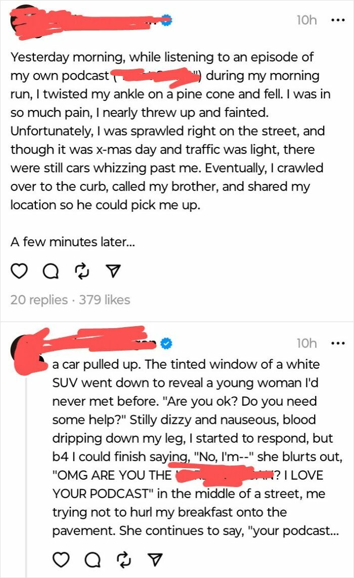 Cringe-worthy moment as person recounts an embarrassing encounter on social media, involving a podcast and an ankle injury.