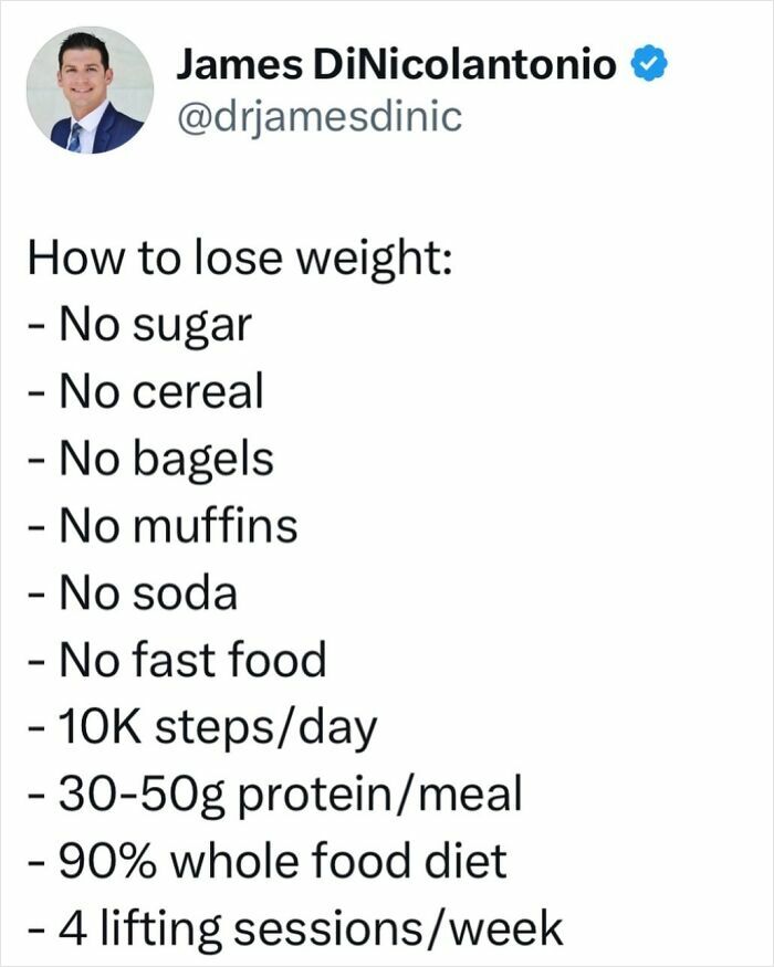 Doctor shares health tips for weight loss: avoid sugar, cereal, bagels, muffins, soda, fast food, and focus on steps, protein, diet.