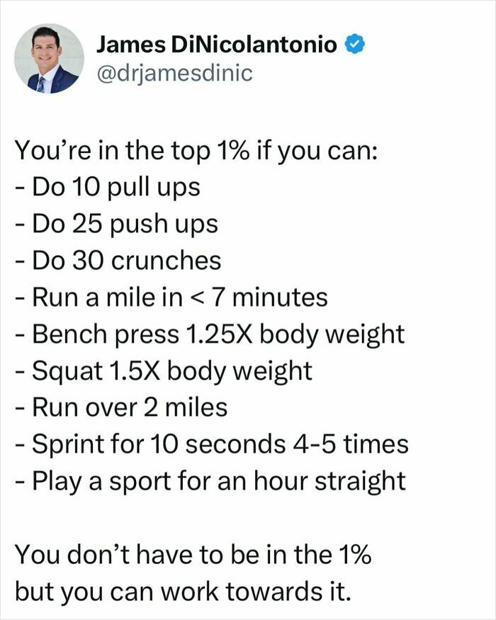 Doctor's list of exercises to reach top fitness: pull ups, push ups, crunches, running, and weightlifting goals.