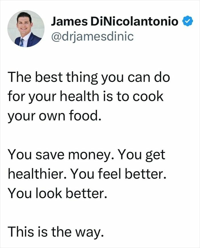 "Doctor advises cooking your own food for better health, savings, and well-being."