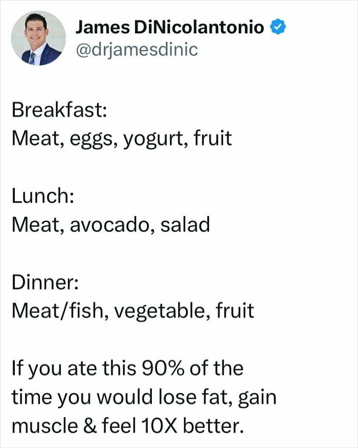 Doctor's health tips include meal plan: meat, eggs, yogurt, fruit for breakfast; meat, avocado, salad for lunch; dinner of meat or fish.