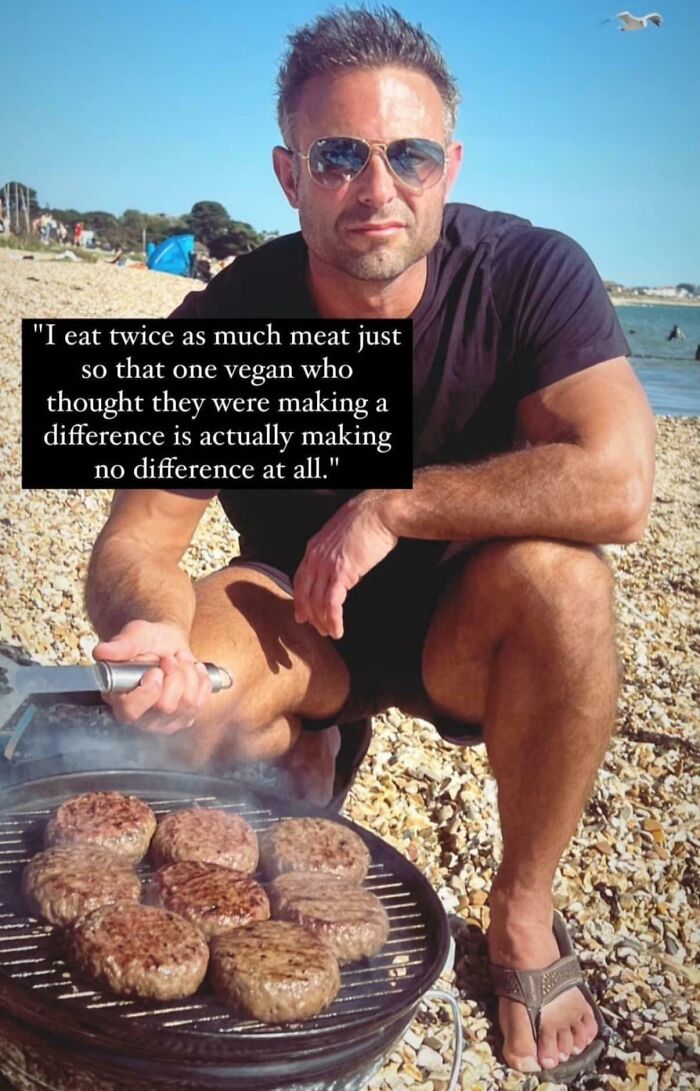 Man grilling burgers on a beach with a cringe-inducing quote about vegans overlayed.