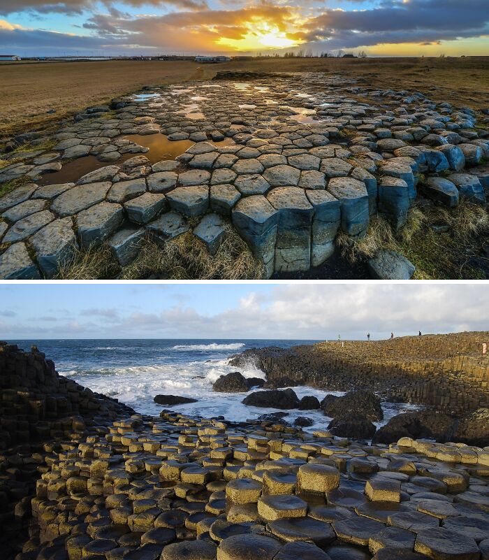 Identical scenic basalt formations in different parts of the world, with rocky landscapes and ocean views.