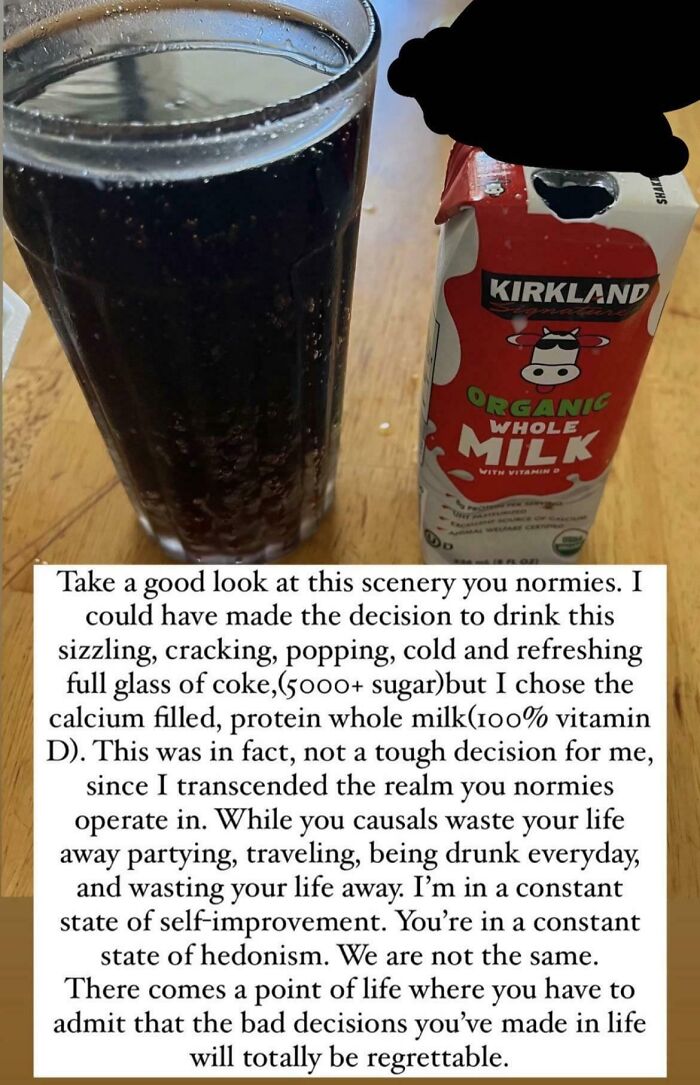 Glass of soda next to a carton of organic milk with text about choosing healthier options to avoid embarrassing behavior.