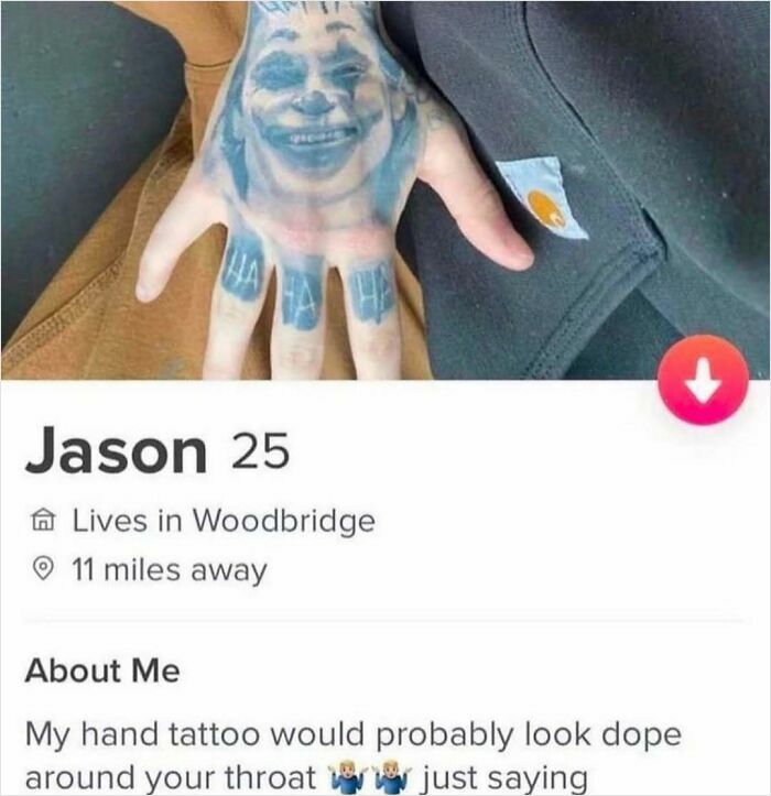 Hand tattoo with a face design featured on a person's online dating profile, showcasing cringe behavior.