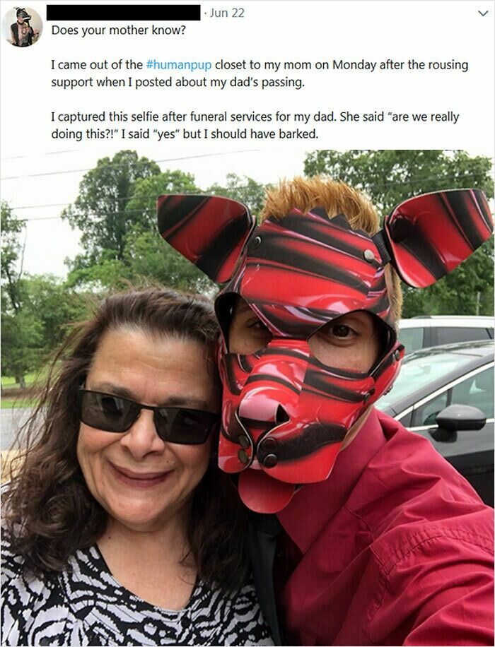 Two people in a selfie; one wears a unique mask. The scene captures embarrassing behavior moments.