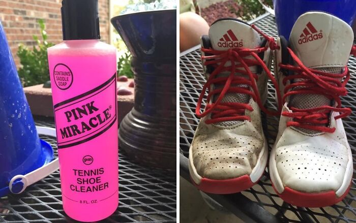 Pink Miracle shoe cleaner next to red-laced Adidas sneakers on a metal table.