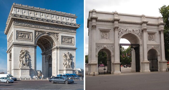 Two scenic white stone arches in different locations, resembling each other closely under blue skies.