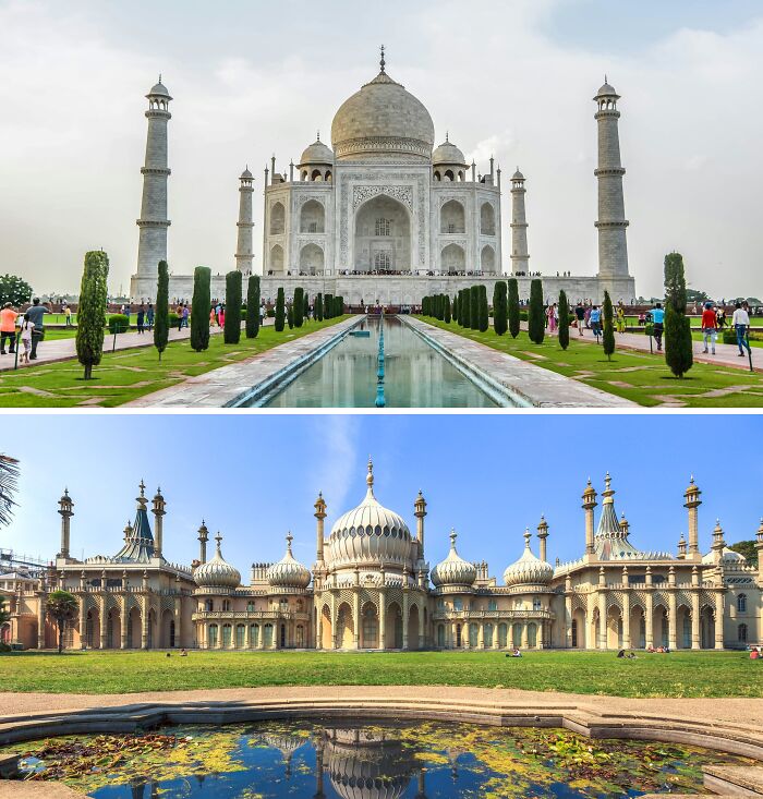 Scenic places with similar architecture, showcasing iconic domes and minarets in different locations.