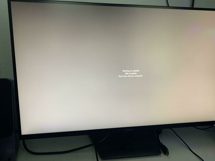 Computer screen showing an update at 30% completion, symbolizing a frustrating day.