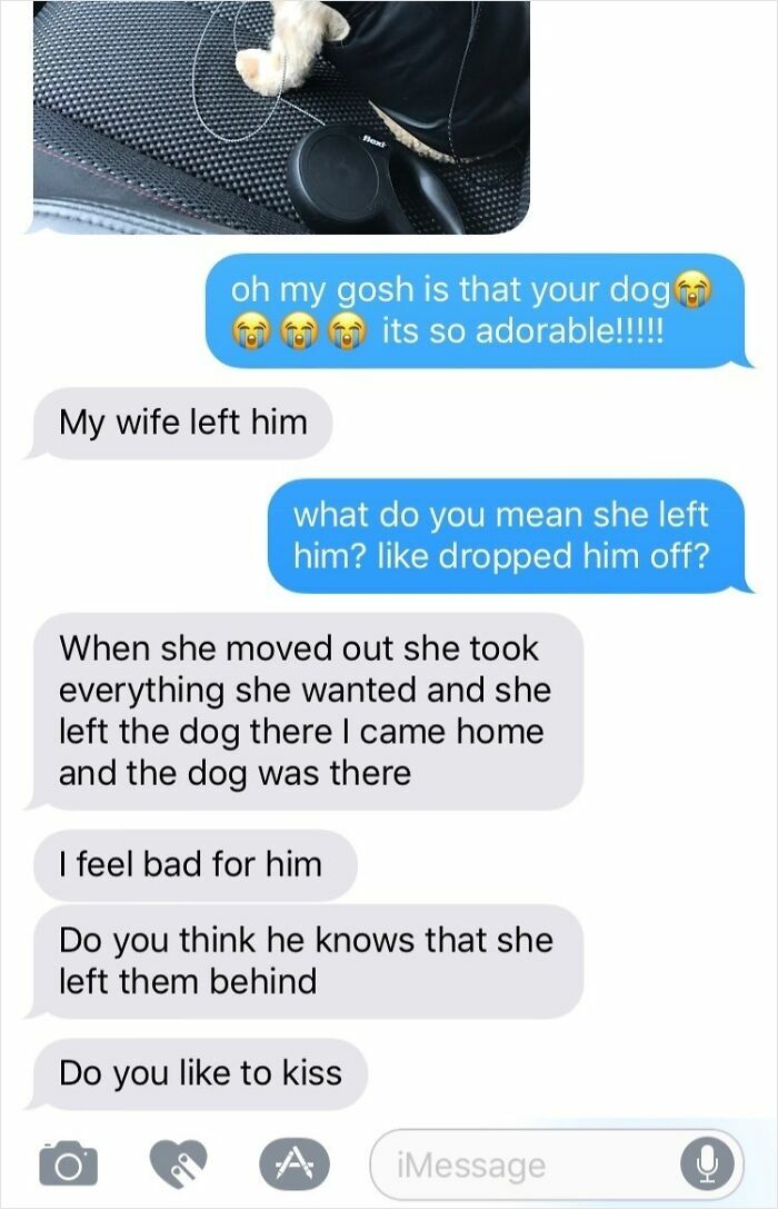 Text messages reveal an awkward story about a dog left behind and an unexpected question, cringeworthy behavior highlighted.