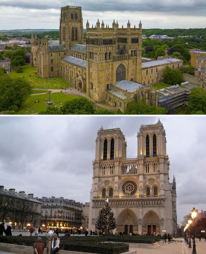 Scenic places comparison: two similar Gothic cathedrals in different locations.