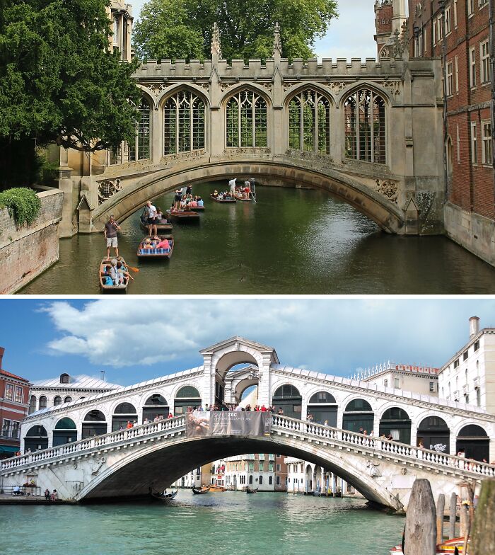 Two scenic bridges over canals in different parts of the world, showcasing similar architectural styles.
