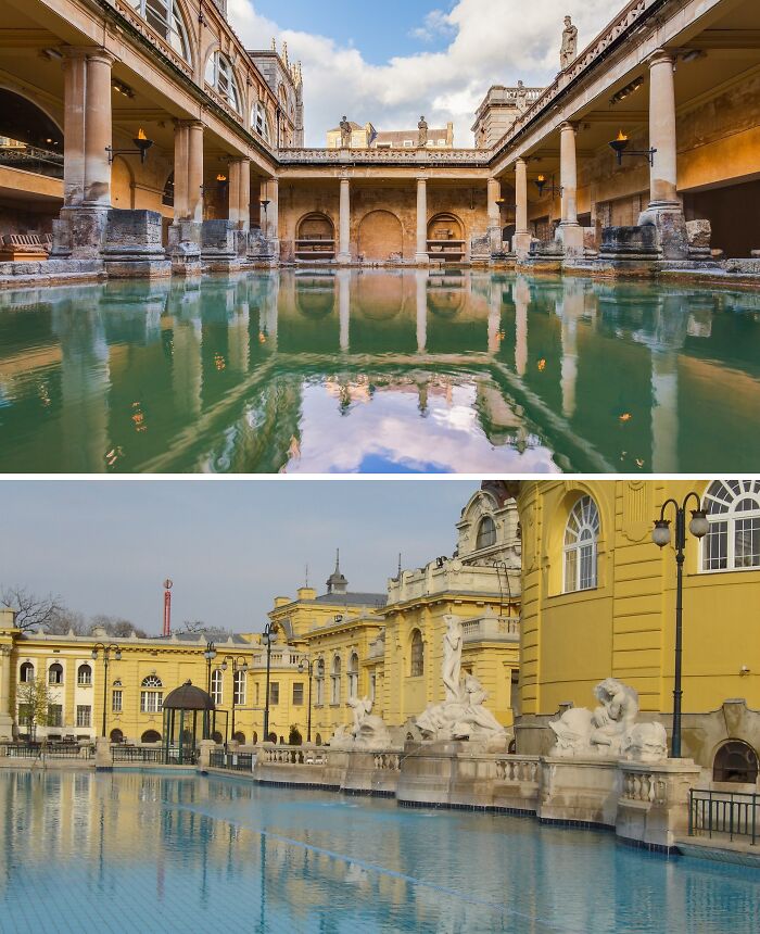 Scenic places with similar architecture and pools in different locations around the world.