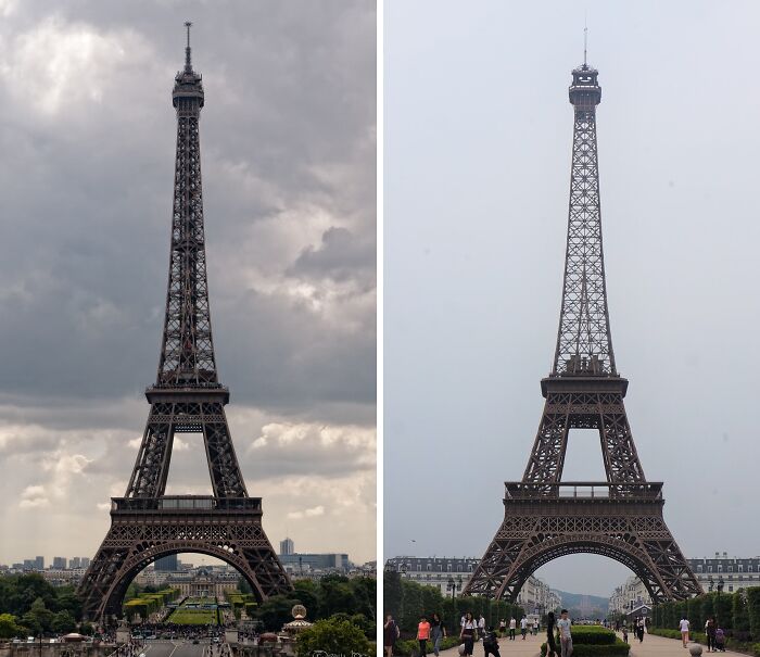 Two identical Eiffel Tower replicas under cloudy skies, showcasing scenic places in different parts of the world.