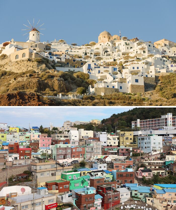 White and colorful houses on cliffs overlooking scenic locations in different parts of the world.