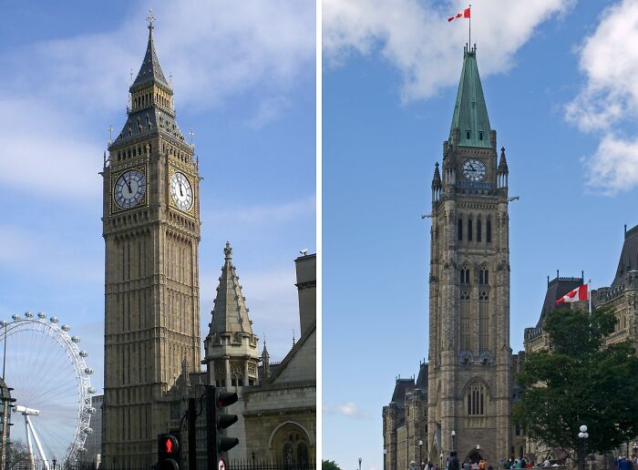 Two scenic clock towers resembling each other in different parts of the world.