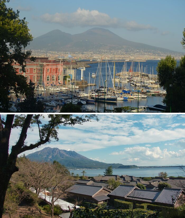 Two scenic places with identical mountain views and water, highlighting beauty in different parts of the world.
