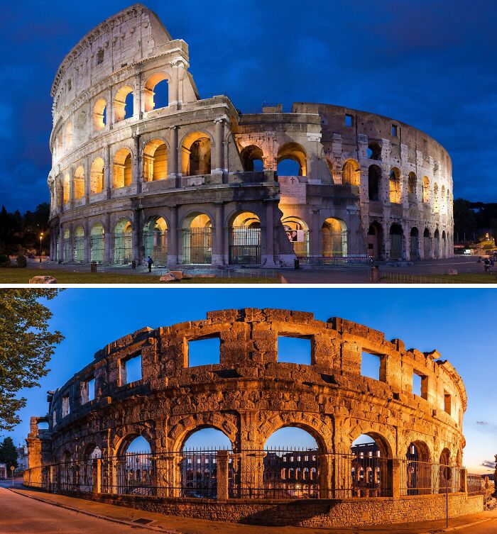 Two scenic amphitheaters resembling each other, captured at dusk in different locations.