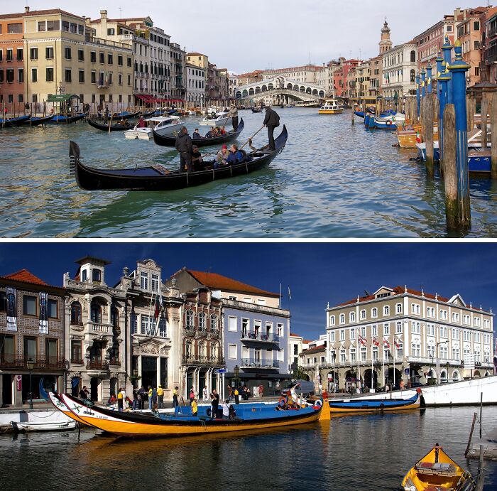 Gondolas on scenic waterways in two different parts of the world, showcasing beautiful architecture and vibrant surroundings.