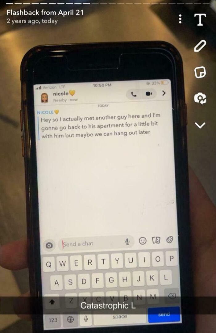Text message on phone displaying embarrassing behavior.