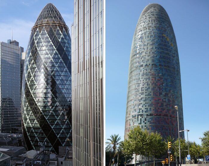 Two tall, similarly shaped skyscrapers in different parts of the world.