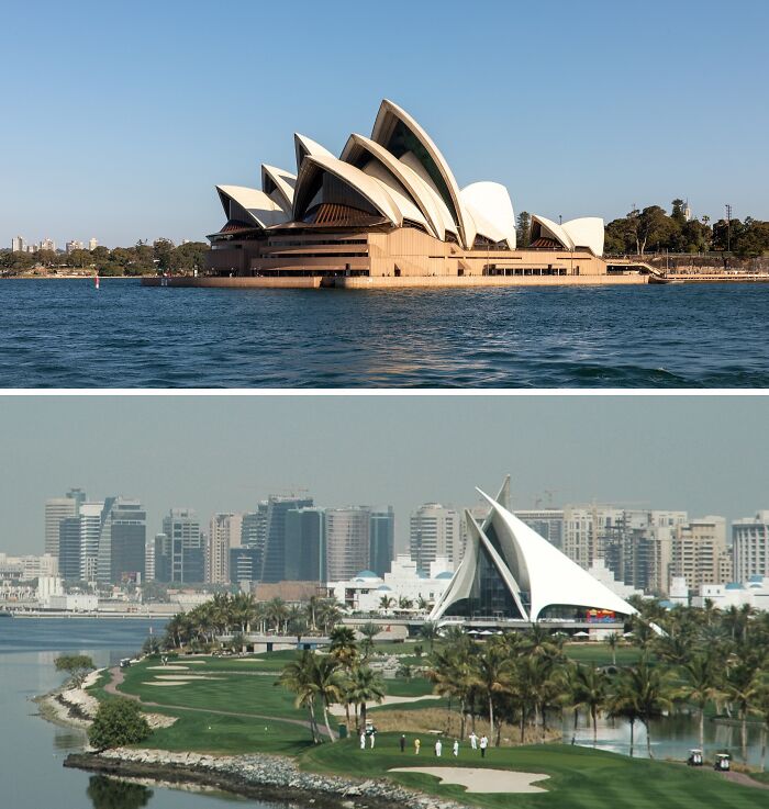 Scenic places with similar architectural designs in different parts of the world, featuring iconic buildings near water.