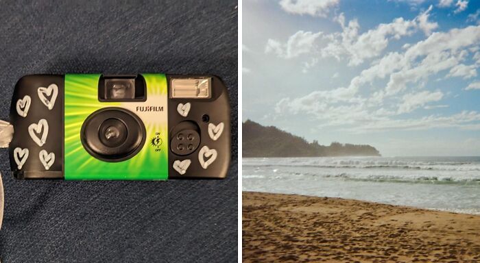 Disposable camera with heart designs, essential for your festival kit. Sandy beach scene with waves under a bright sky.