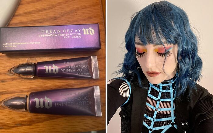 Urban Decay eyeshadow primer potion with a festival-ready makeup look, featuring vibrant eyeshadow colors and blue hair.