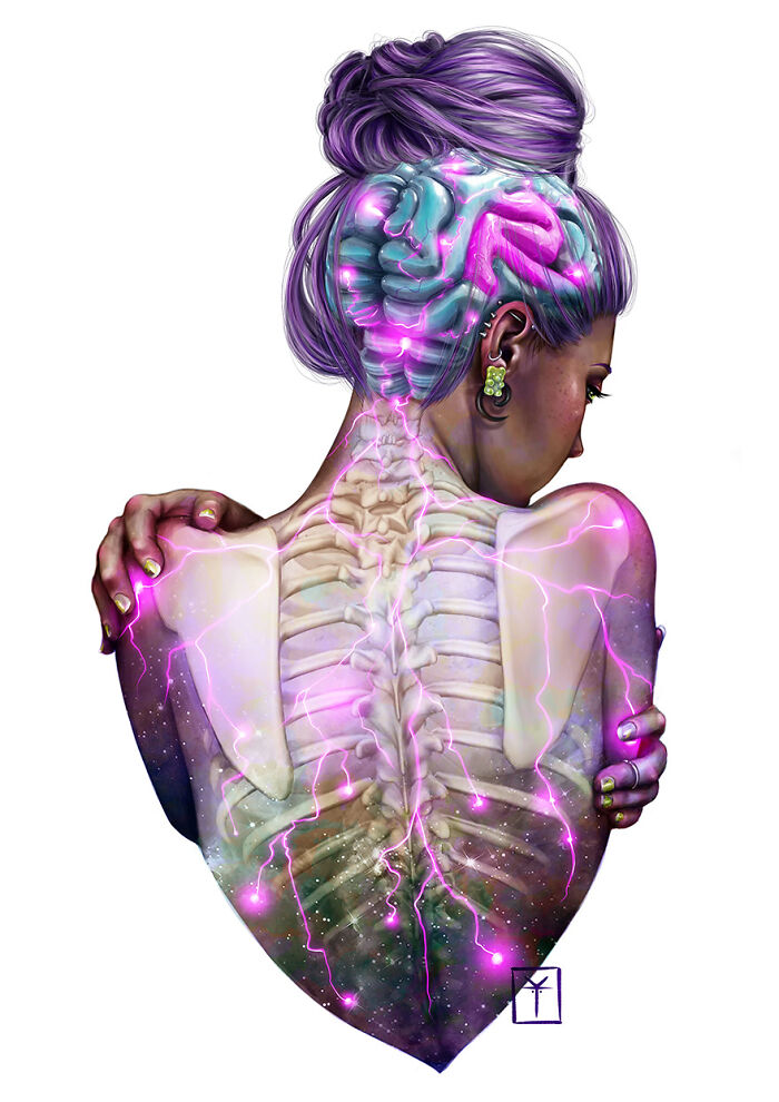 Ethereal illustration by Katrina Young of a woman with a galaxy-themed spine and brain, showcasing vibrant colors.