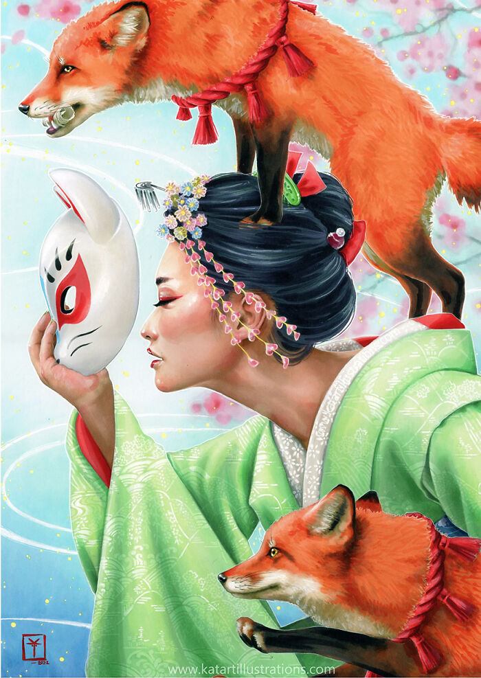 Ethereal illustration by Katrina Young featuring a woman in a kimono with foxes, holding a mask.