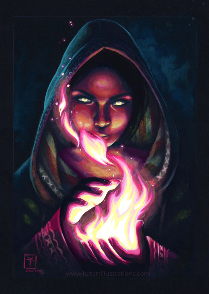 Mysterious woman in a hood holding a glowing flame, ethereal illustration by Katrina Young.