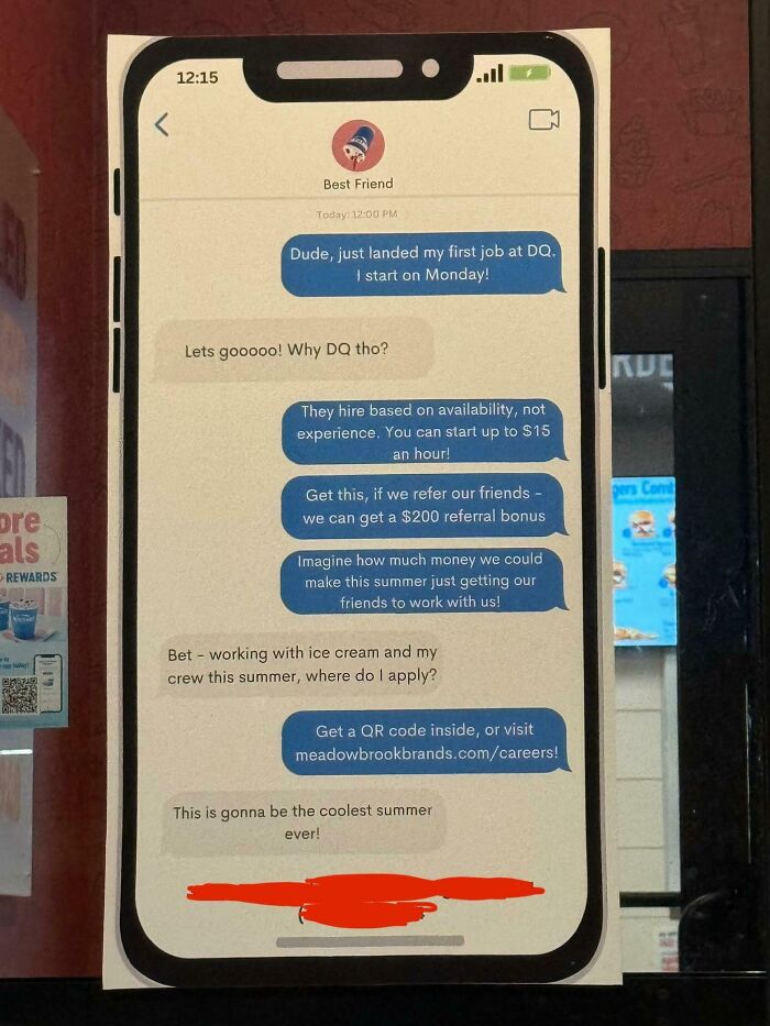 Text message exchange about a new job, with excitement over referral bonuses, showing cringe-worthy enthusiasm.