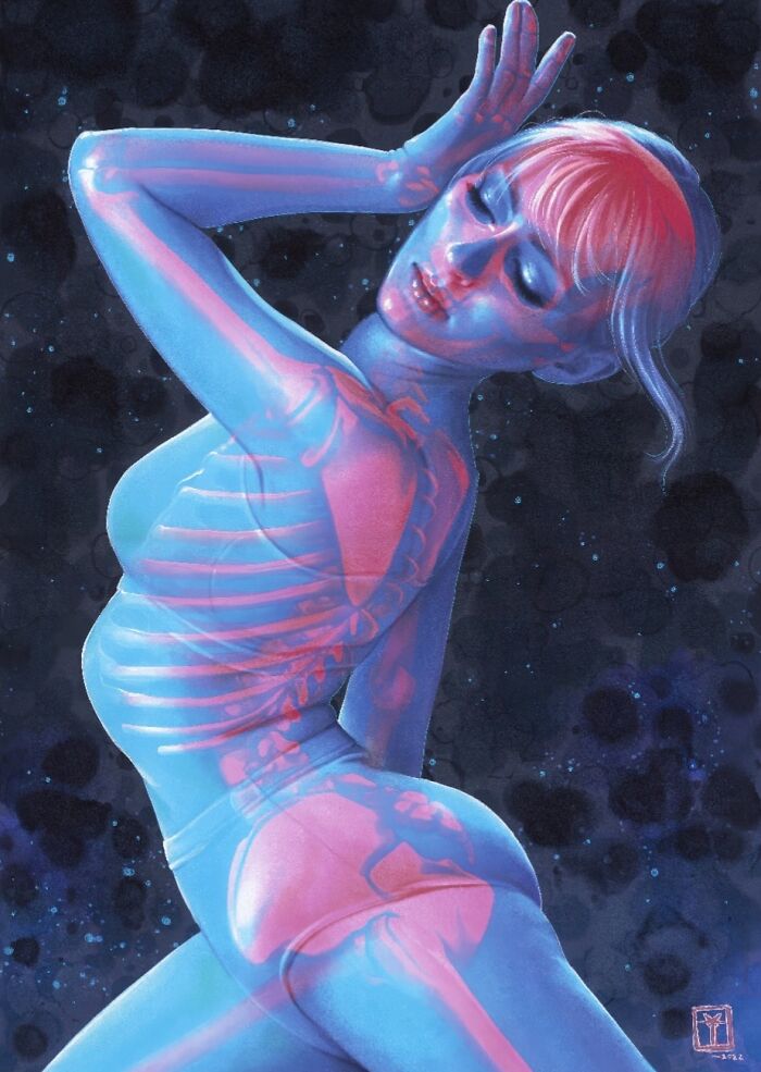 Ethereal illustration of a glowing skeletal figure in blue and pink hues, striking a dynamic pose.