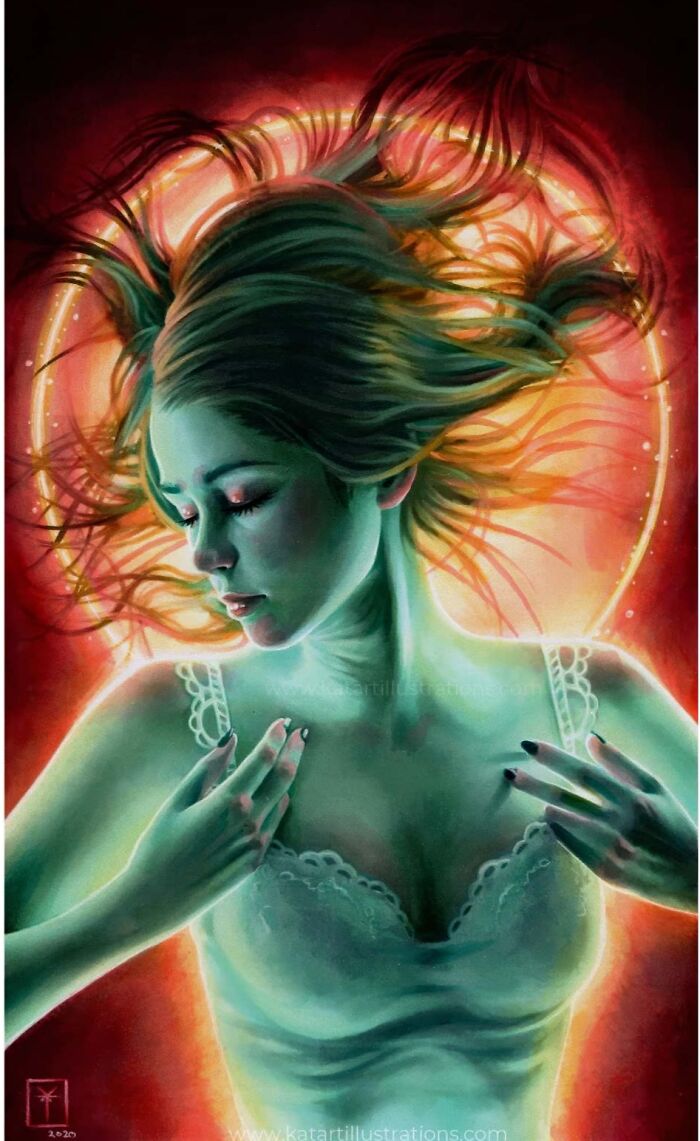 Ethereal illustration by Katrina Young depicting a serene woman with glowing hair in a lace dress.