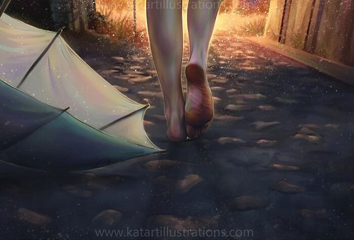 Barefoot person walking on cobblestones next to an umbrella, creating an ethereal illustration by Katrina Young.