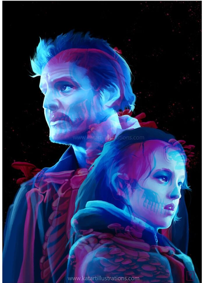 Ethereal illustration by Katrina Young, featuring two figures with vibrant blue and pink hues on a dark background.