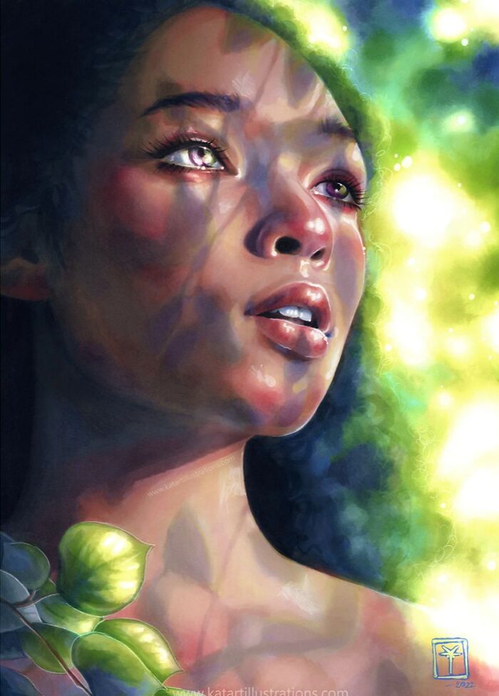 Ethereal illustration by Katrina Young of a woman bathed in dappled sunlight with green leaves.