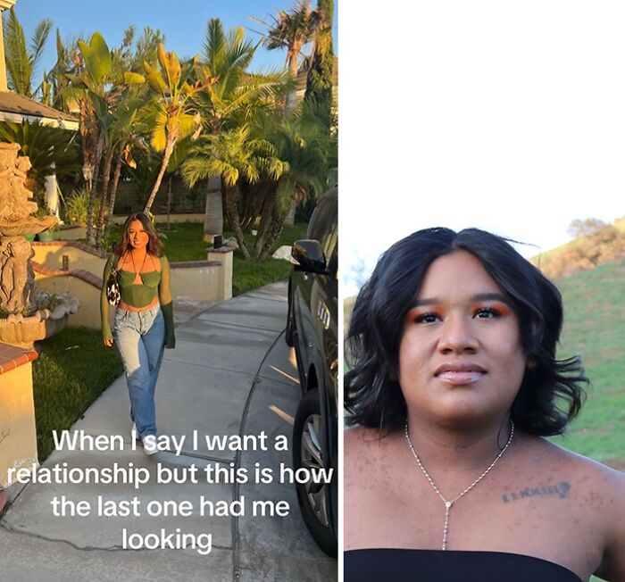 Comparison of someone single vs. in a relationship, with different outfits and expressions in each photo.