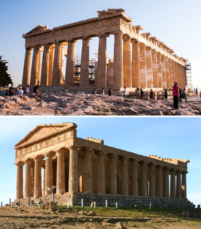 Ancient temple structures showcasing scenic places looking similar but located in different parts of the world.